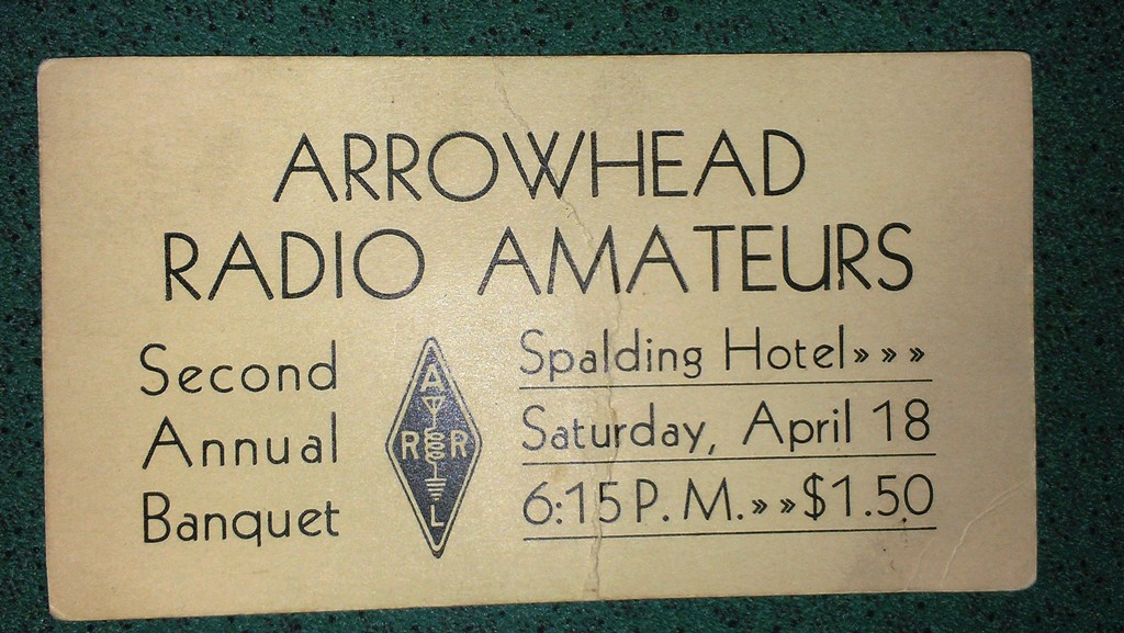 A photo of a ticket to the Second Annual Banquet for the Arrowhead Radio Amateurs